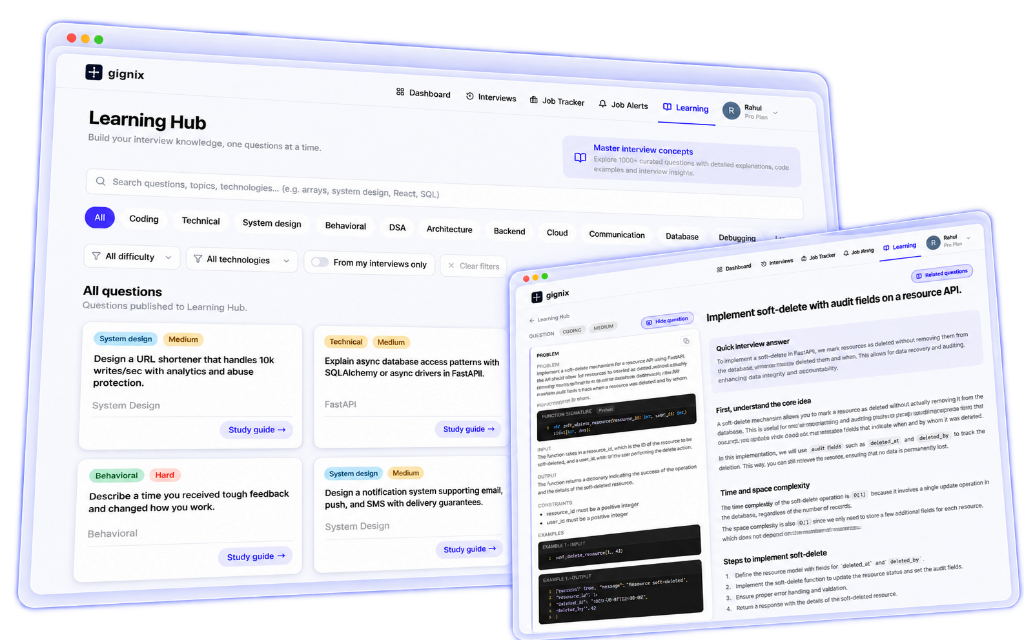 Gignix Learning Hub showing question filters and a study guide with a code example